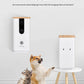 DOGNESS 8065 camera mounted on wall and placed on small table, with Shiba Inu and tabby cat demonstrating space-saving design.