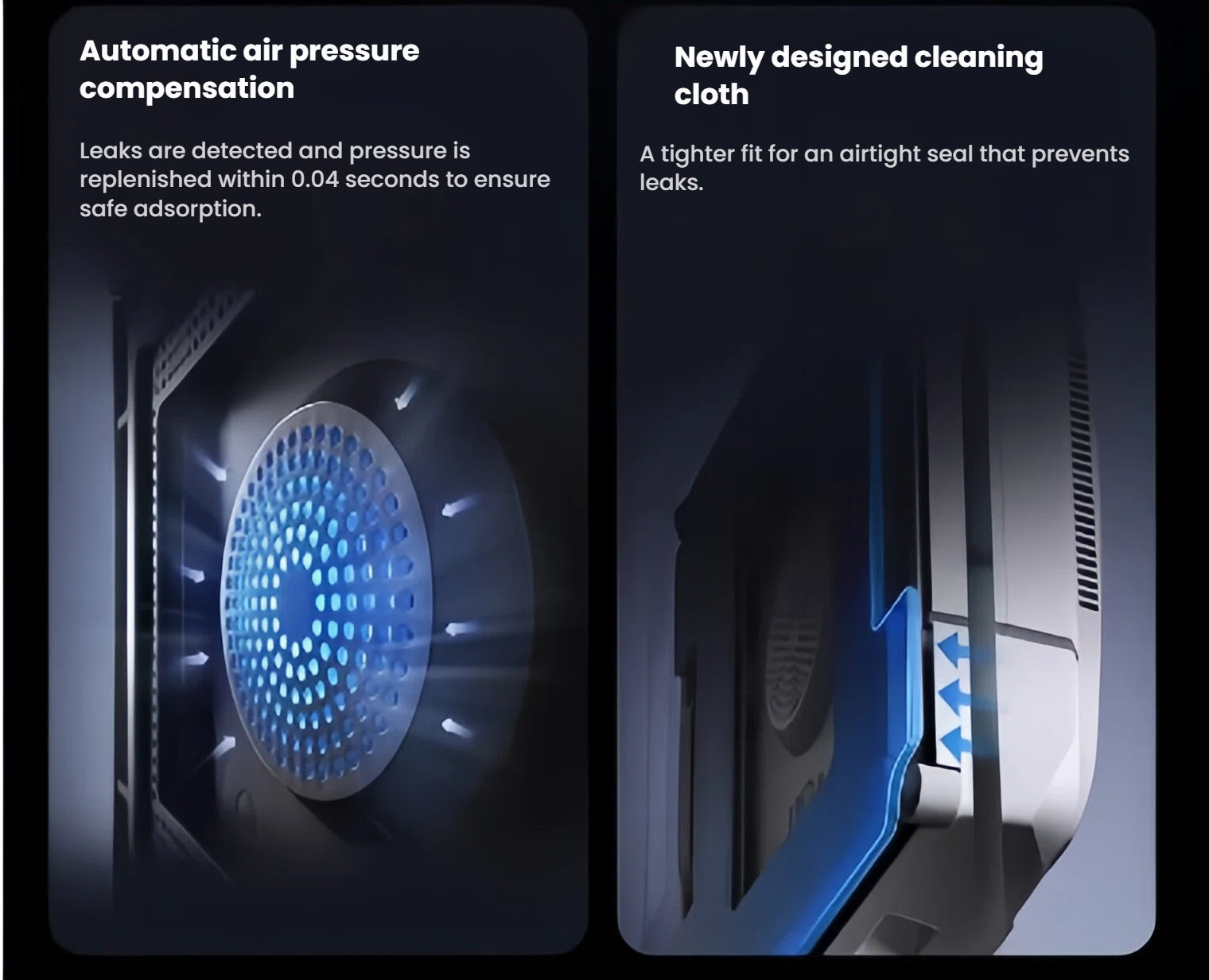 A technical graphic displaying the WINBOT W1S's safety features, including the automatic air pressure compensation fan for safe adsorption and the tightly sealed cleaning cloth that prevents leaks.
