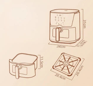 A diagram showing the precise dimensions of the Yamazen air fryer and its components, including the 31cm height of the main unit and the 11.5cm height of the detachable basket.
