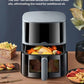 The Yamazen 5.5L air fryer on a kitchen counter, with the basket open to show cooked chicken and vegetables, illustrating the 360-degree hot airflow technology that eliminates the need for extra oil.