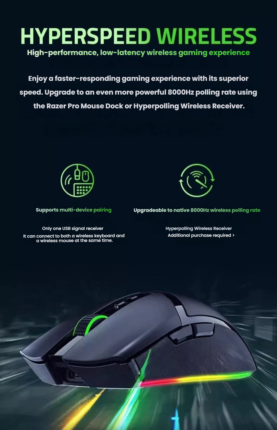 Razer Cobra Pro side profile with illuminated underglow and Razer logo