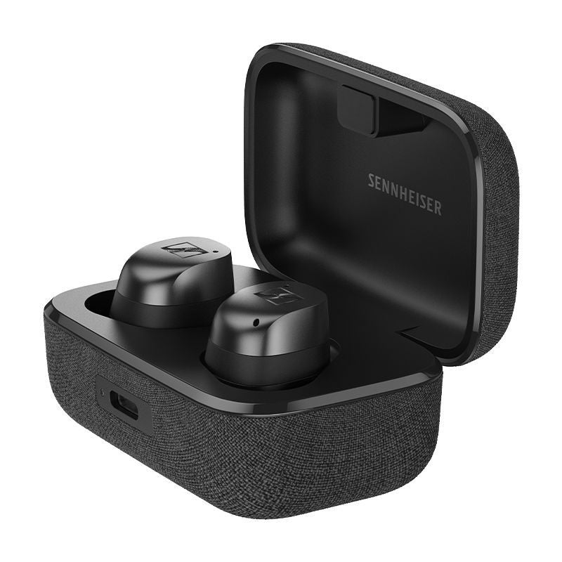 Sennheiser MOMENTUM True Wireless 4 earbuds hero shot with charging case