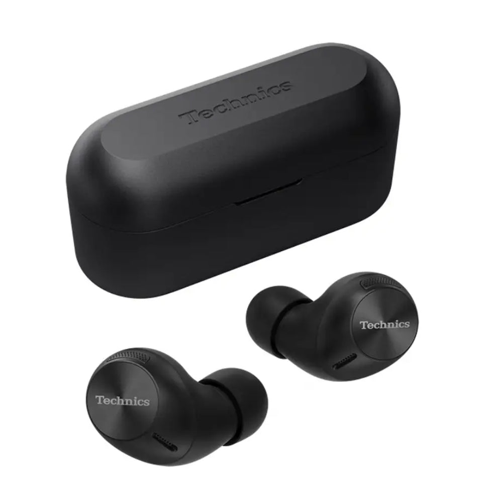 Technics AZ40M2 true wireless ANC earbuds hero shot in black with case