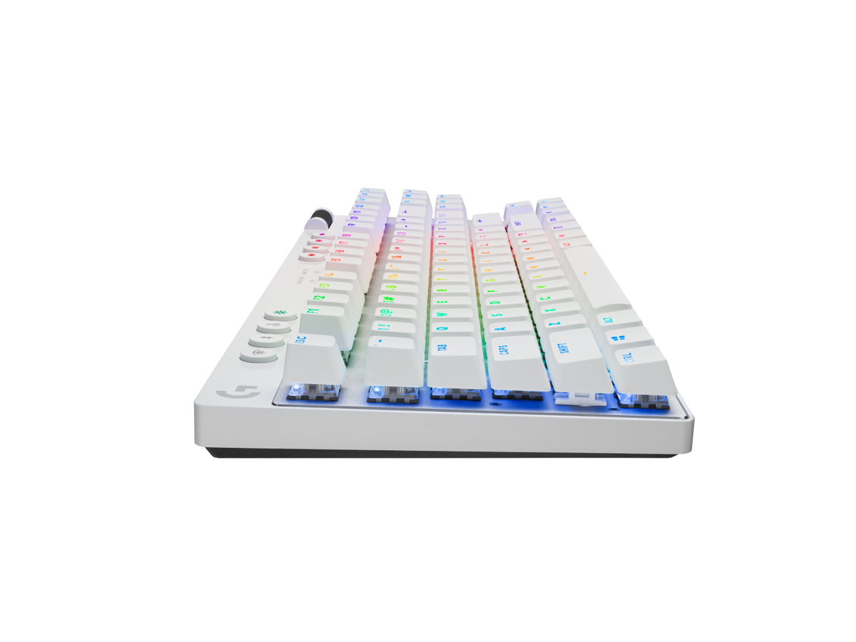 White Logitech PRO X TKL Wireless keyboard side profile and illuminated keys