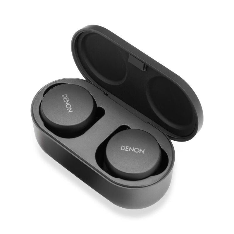 Denon PerL true wireless ANC earbuds Black with charging case open