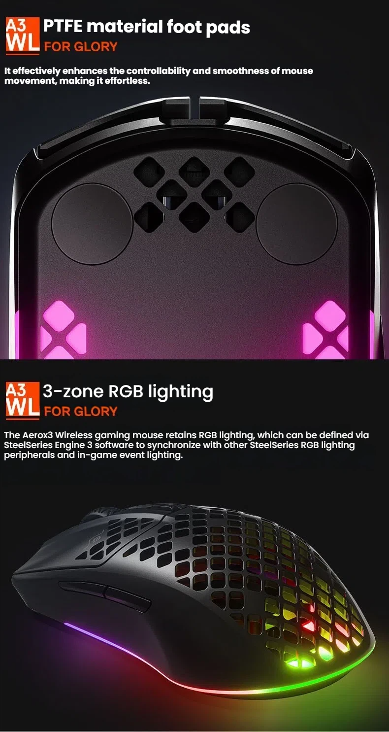 SteelSeries Aerox 3 Wireless with USB-C charging cable and 2.4GHz dongle