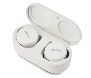 Denon PerL true wireless ANC earbuds White with charging case open