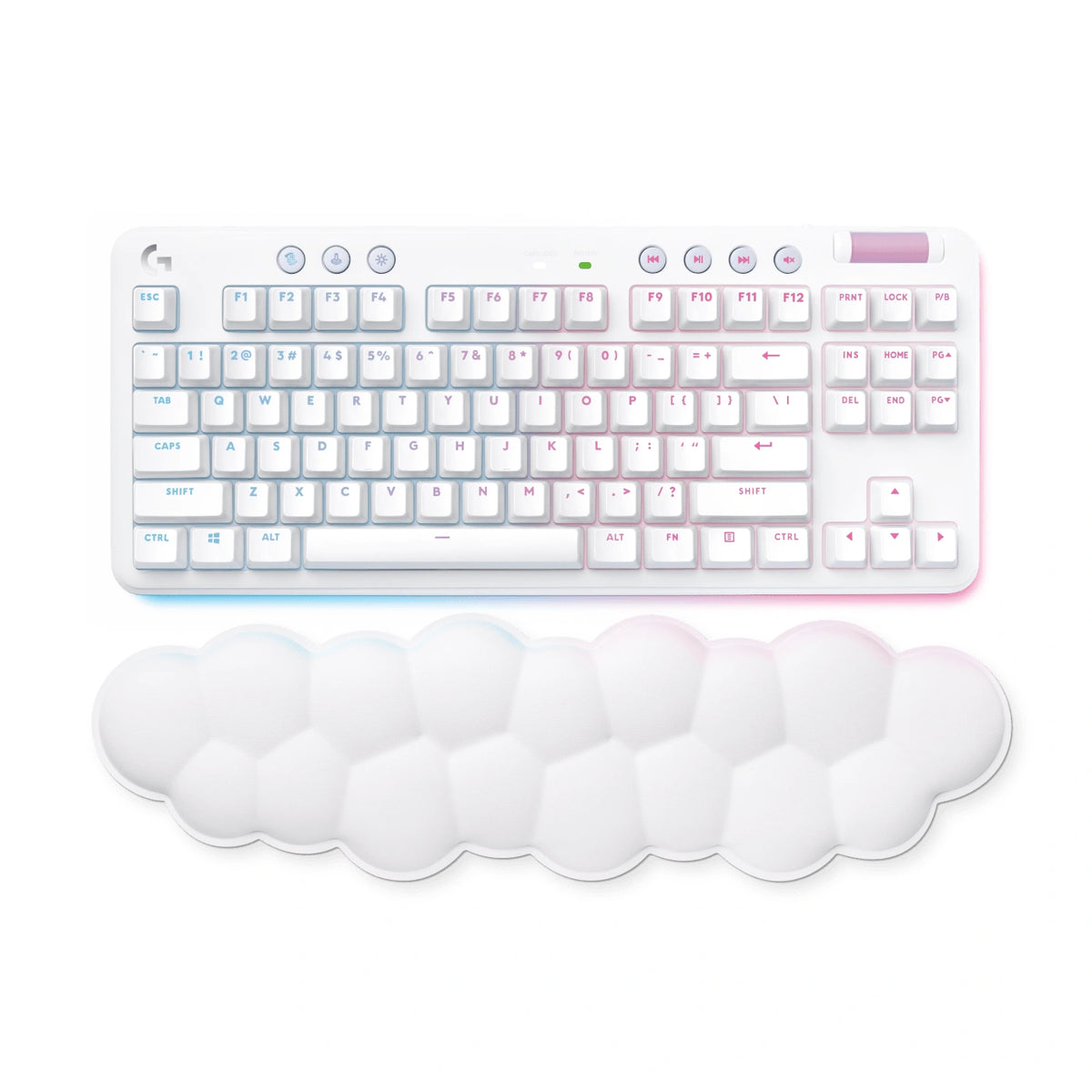 White Logitech G715 keyboard with cloud-shaped palm rest