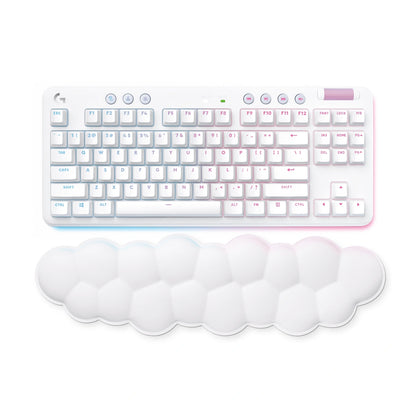 White Logitech G715 keyboard with cloud-shaped palm rest