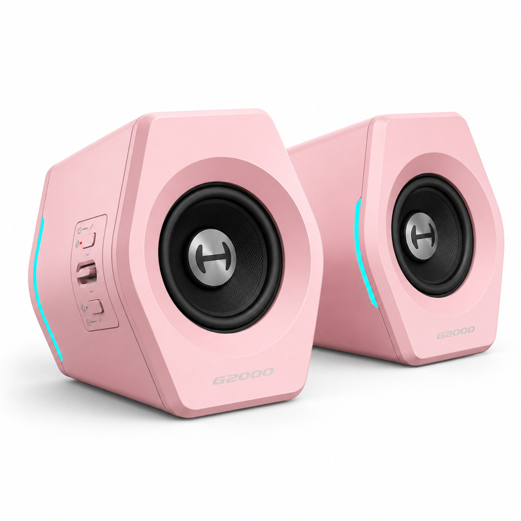 Hecate G2000 gaming speakers in pink, front stereo pair
