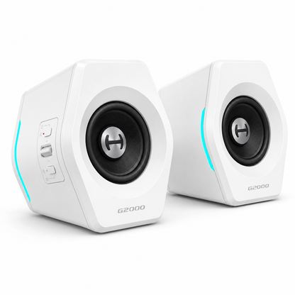 Hecate G2000 gaming speakers in white, front stereo pair