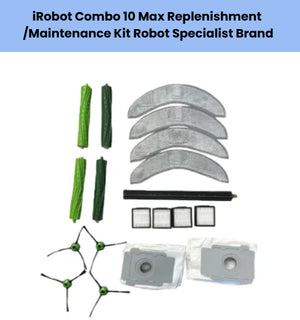 iRobot Combo 10 Max maintenance kit – includes 2 mopping pads, 2 green main brush rollers, 3 black side brushes, 4 HEPA filters, 4 gray dust bin covers, and 2 green cleansing rollers – compatible replacement parts for Roomba Combo 10 Max and Combo j9+ by Robot Specialist Brand
