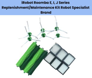 iRobot Roomba E, I, J Series maintenance kit – includes 3 white side brushes with green centers, 3 green main brush rollers, and 4 black HEPA filters – compatible replacement parts for Roomba e5, e6, i3+, i4+, i7+, j7+ models by Robot Specialist Brand