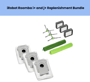 iRobot Roomba i+ and j+ replenishment bundle – includes 3 white mopping pads with gray clips, 3 black HEPA filters, 3 green side brushes, and 2 green main brush rollers – genuine replacement parts for Roomba i7+, i8+, j7+, j9+ models