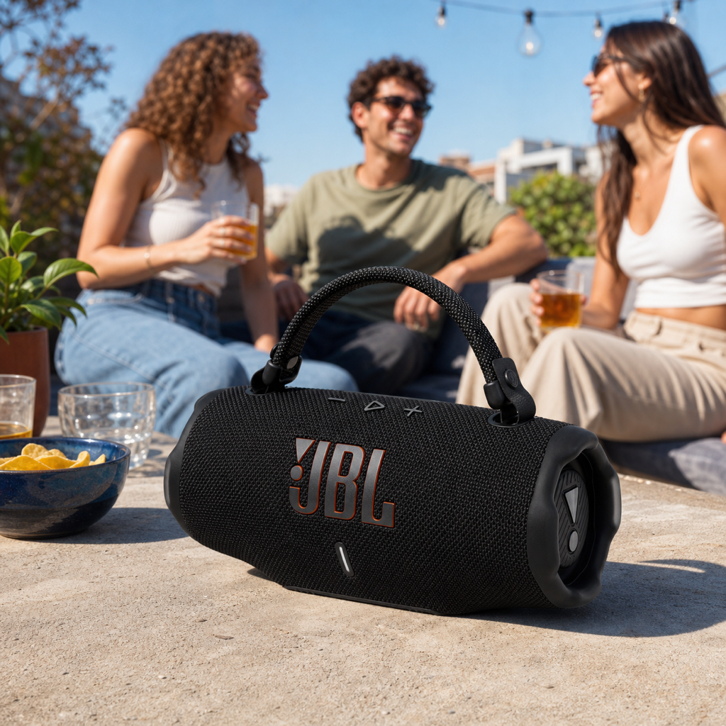 JBL Charge 6 speaker on a rooftop lifestyle setting