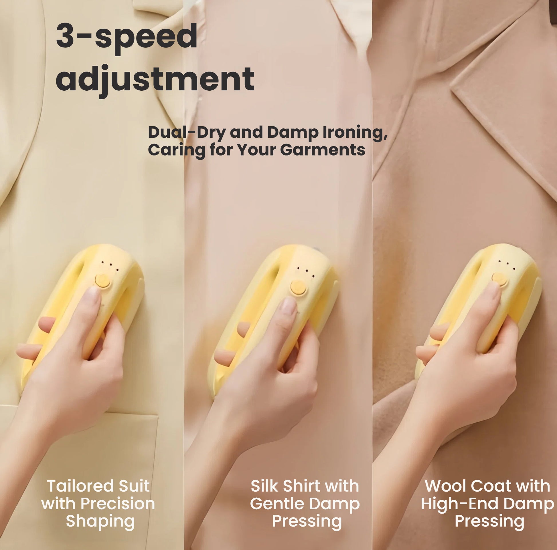 Infographic demonstrating the Keheal garment steamer's versatile 3-speed adjustment for different fabrics, including tailored suits, silk shirts, and wool coats.