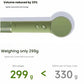 An infographic highlighting the ultra-lightweight design of the Laifen Mini hair dryer, which weighs only 299g—less than a 330ml can of soda.