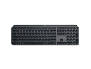 Top-down view of the Logitech MX Keys S Advanced Wireless Illuminated Keyboard in graphite, showing the full layout with spherical concave keys.