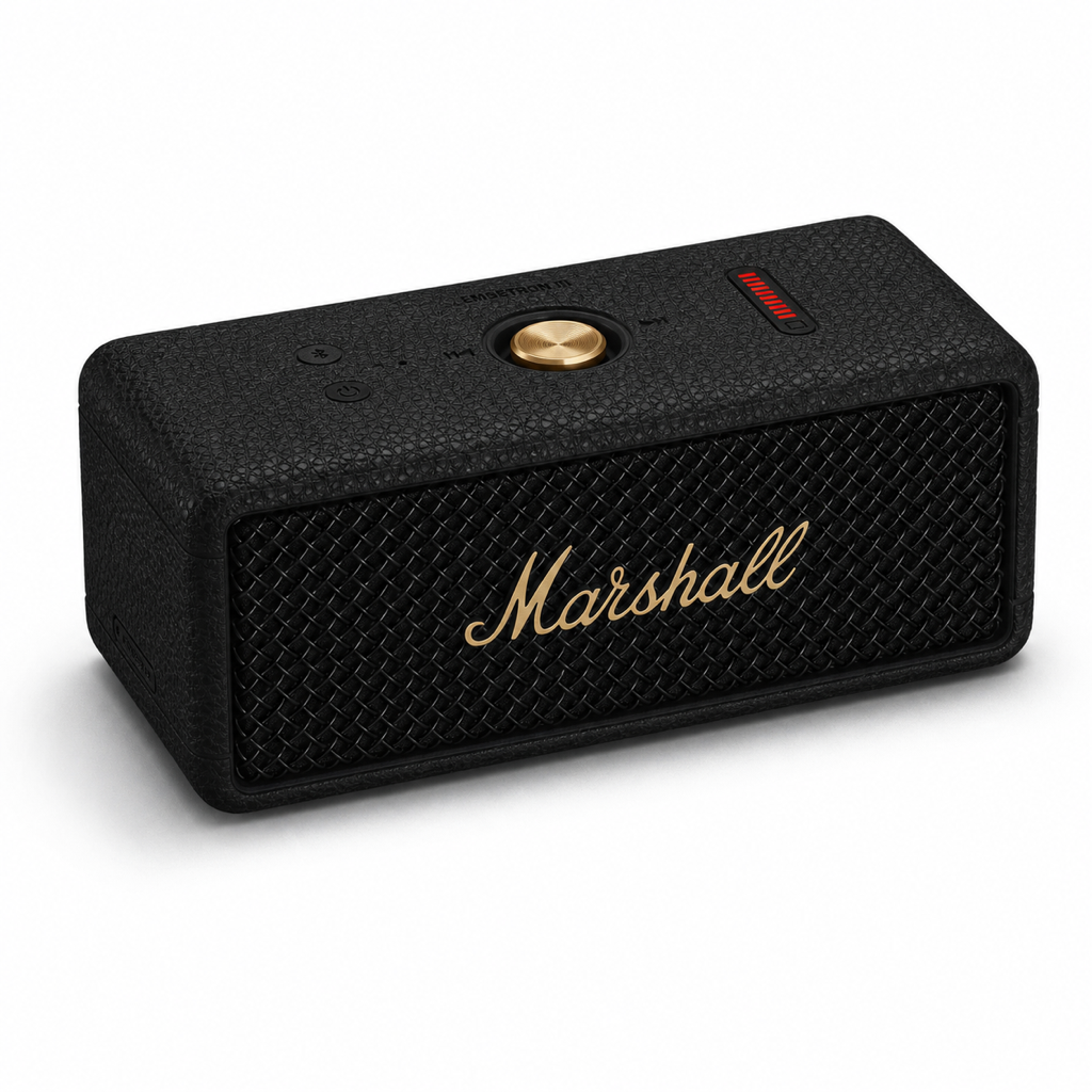Marshall Emberton III portable speaker in black and brass, angled view