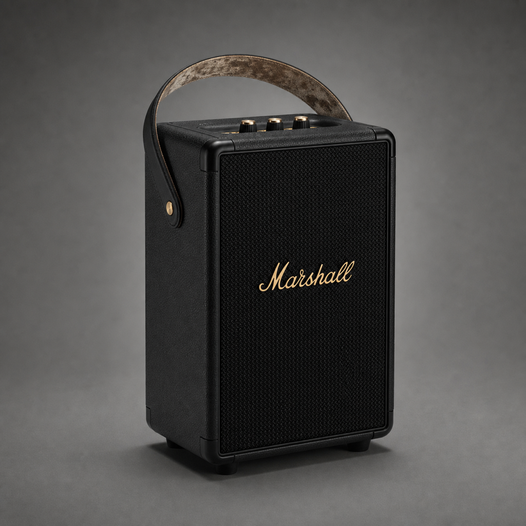 Marshall Tufton portable speaker in black and brass, front view
