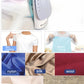 Collage showing the Panasonic iron's non-stick soleplate and its suitability for various fabrics like cotton, wool, silk, and nylon for both dry and steam ironing.