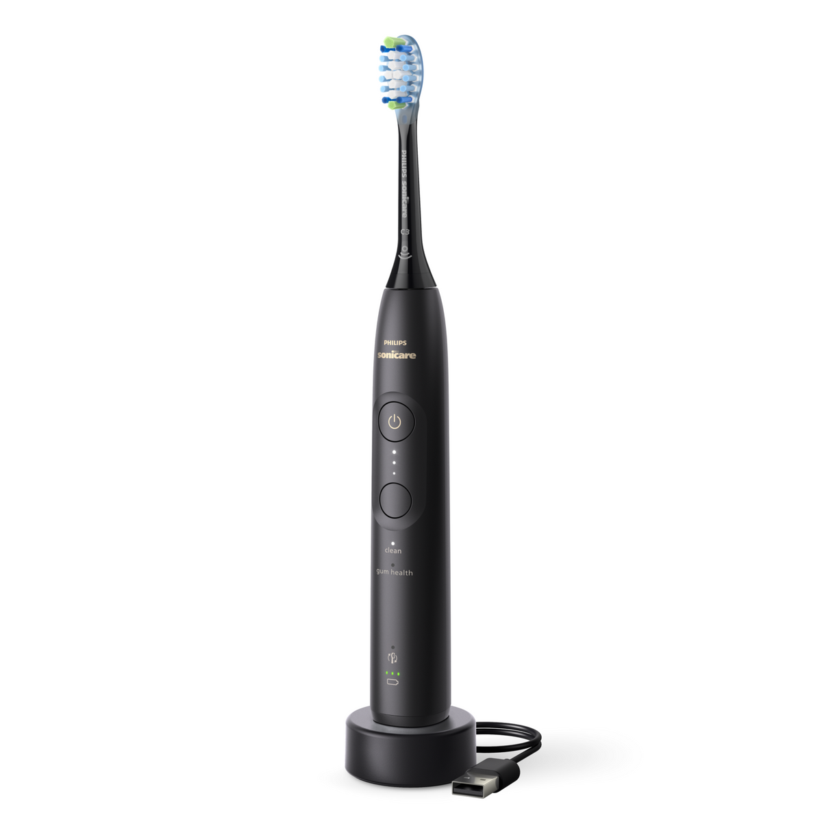 Philips Sonicare 5700 rechargeable toothbrush in Black with its USB-A charging stand