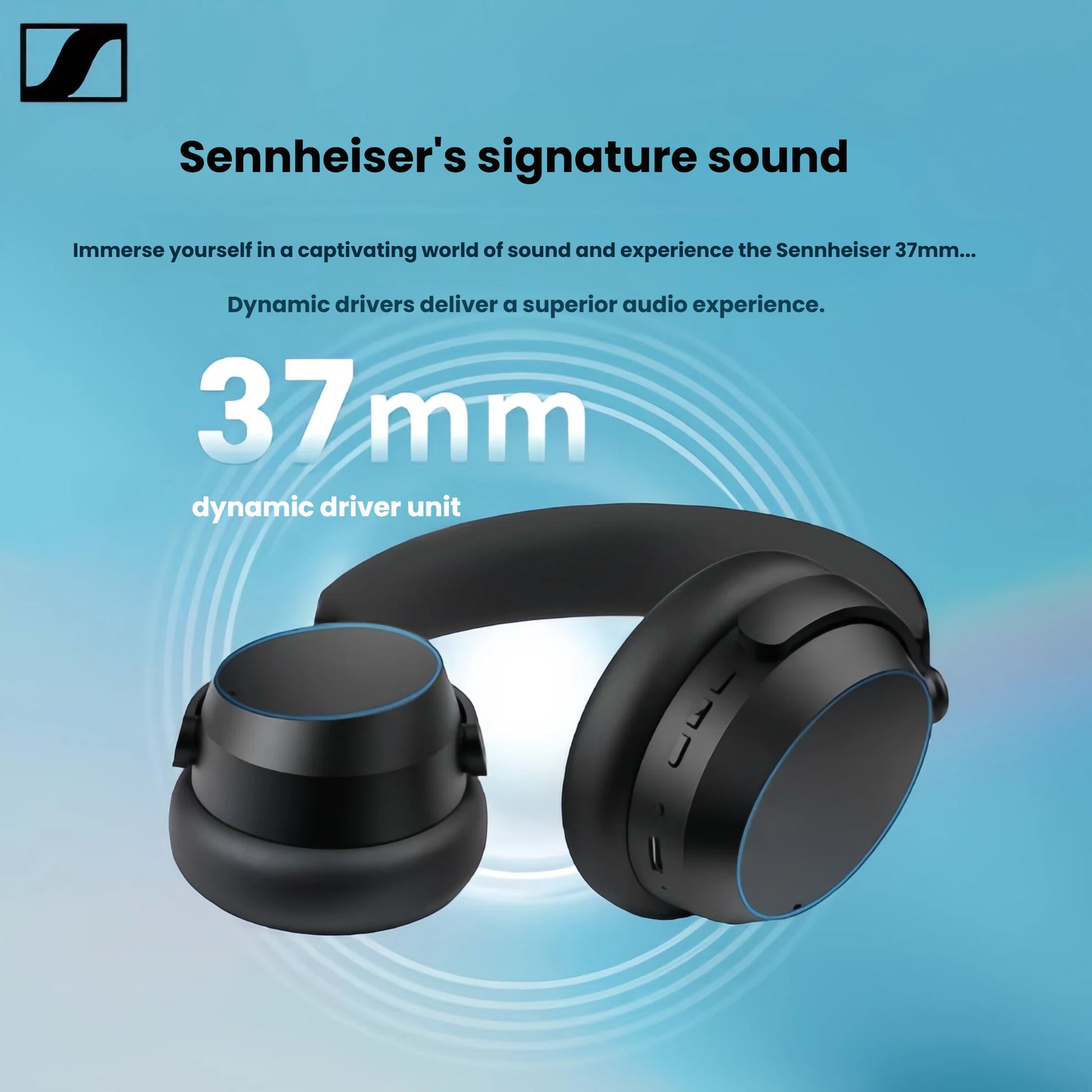  A close-up of the black Sennheiser ACCENTUM Wireless headphones, illustrating the 37mm dynamic driver unit that delivers Sennheiser's signature sound experience.